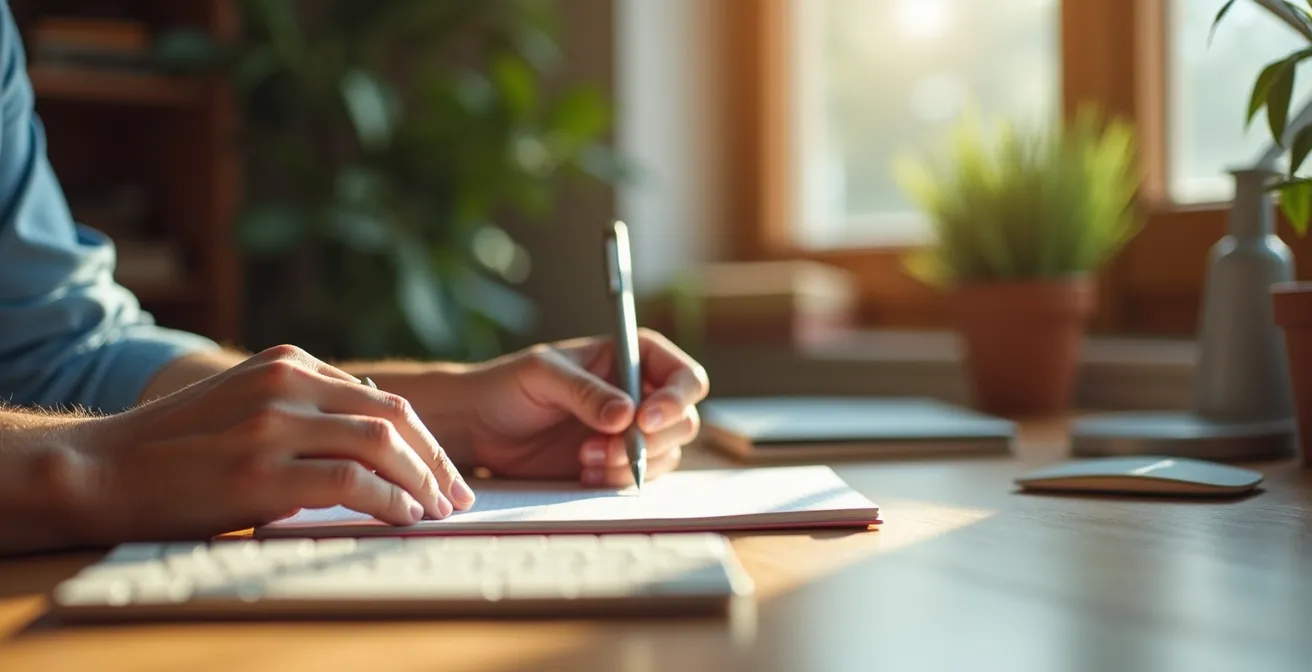 Bureau minimaliste d'un écrivain avec carnet ouvert et ordinateur portable