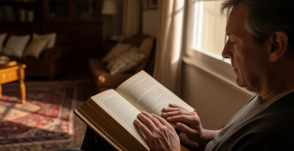Personne plongée dans la lecture d'un livre classique près d'une fenêtre