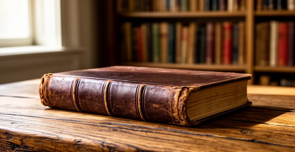 Livre ancien relié cuir sur bureau en bois, atmosphère de bibliothèque